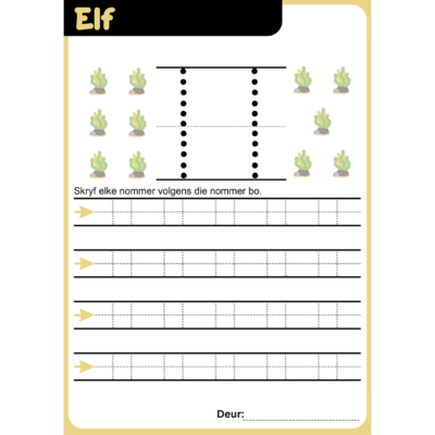 Afrikaans number writing workbook for preschool and Grade R. Includes A4 printable tracing and writing practice for numbers 0 to 9.